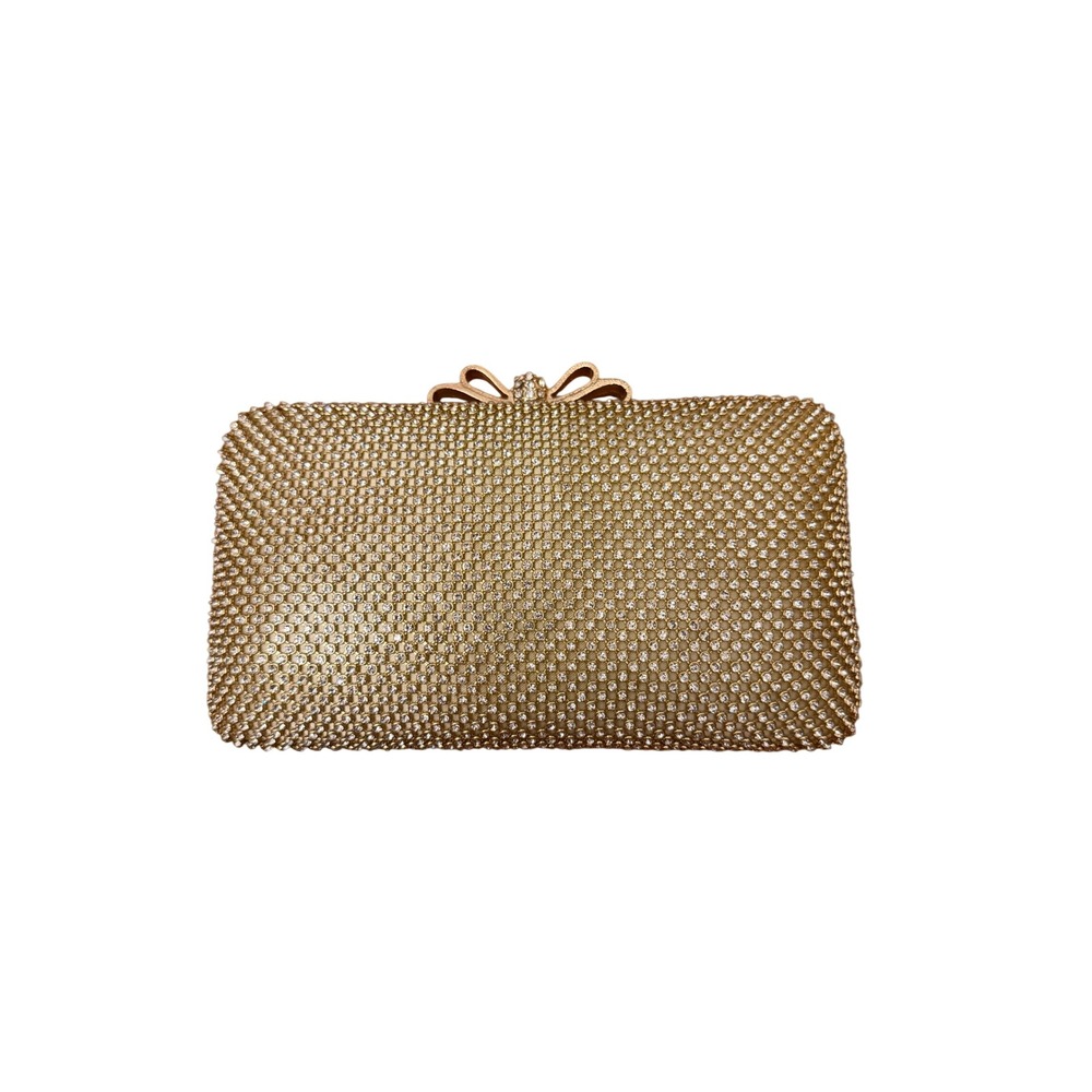 Dexmay Gold Rhinestone Evening Clutch Bag Crystal Bow Clasp Minaudiere Wedding